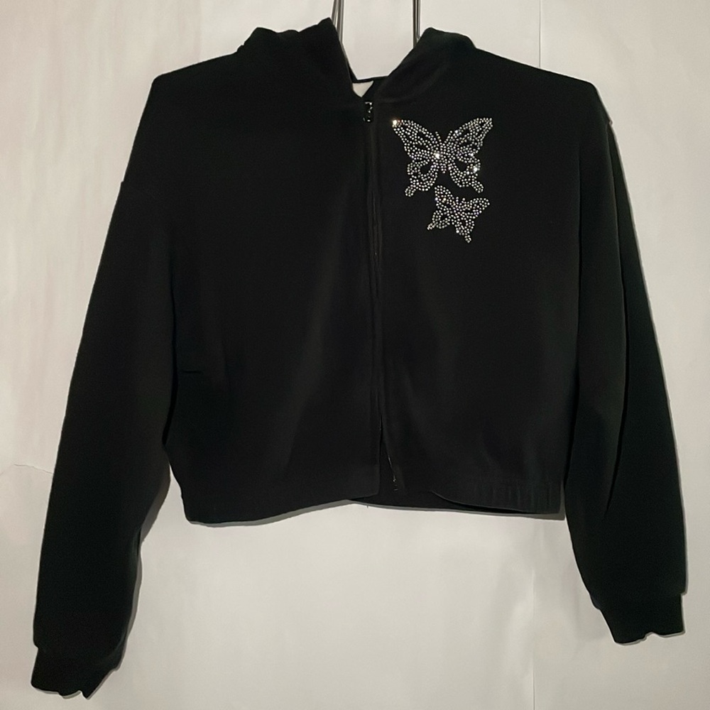 H&M Black Hoodie Cropped w/ Sparkly Butterfly, size girls 12-14